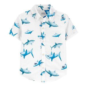 Boys White Short Sleeve Button-Up Shirt With Blue Shark Print By Carters